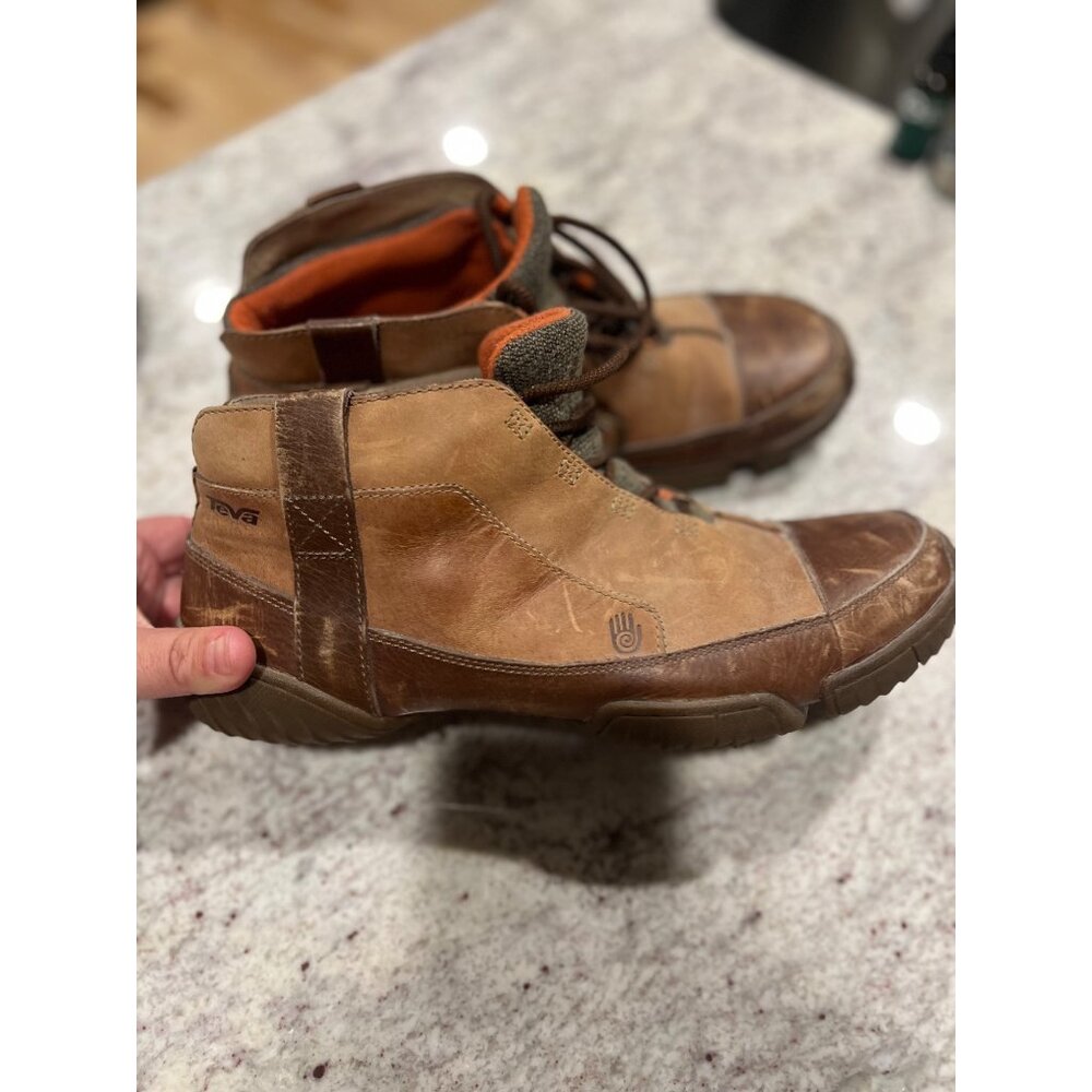 Teva SN 6837 Mens Brown Leather Mid Top Hiking Boots Size 12 Lace Up Fleece